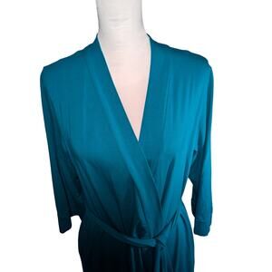 Knit long robe Sz M Teal green Pockets Unbranded Cotton/Span Bust 42" Length 49"
